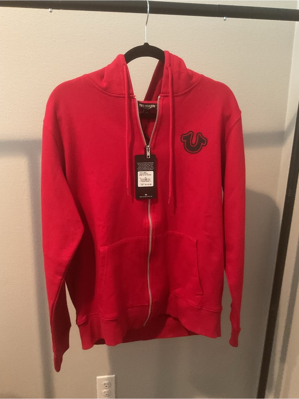 True Religion Bright Red Zip-Up Hoodie with Logo Patch